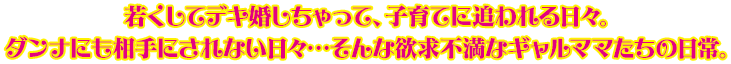 若くしてデキ婚しちゃって、子育てに追われる日々。ダンナにも相手にされない日々…そんな欲求不満なギャルママたちの日常。